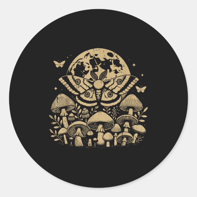 Sticker Rond Moth Full Moon Mushroom Boho Aesthetic Occult Men  (Devant)