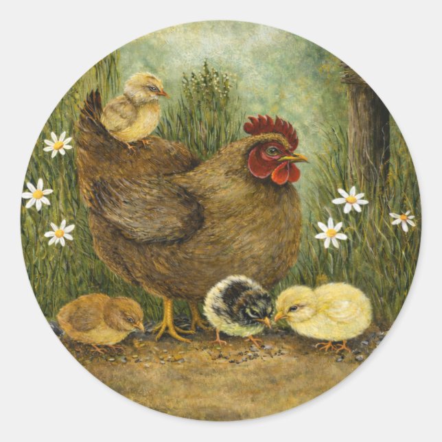 Sticker Rond Mother Hen with Chicks Feeding on Sunflower Seeds  (Devant)