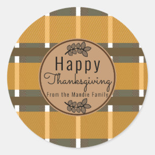 Sticker Rond Motif à carreaux de branche de Thanksgiving Cadeau