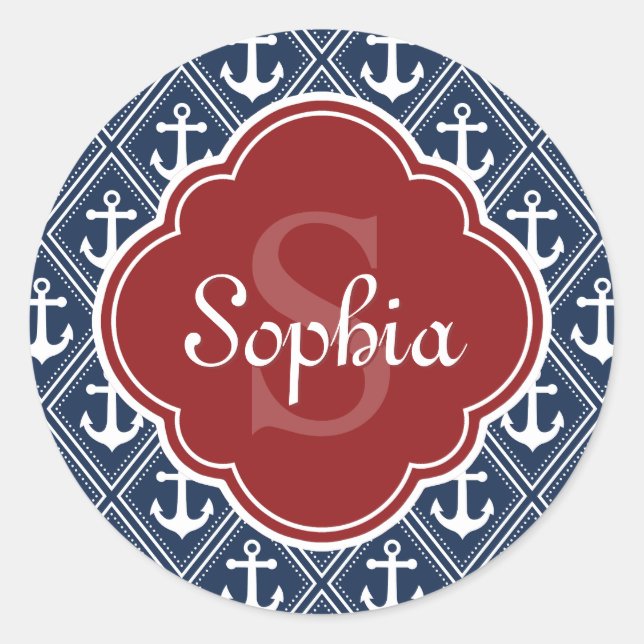 Sticker Rond Motif Ancre bleu Monogramme rouge (Devant)
