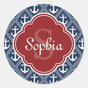 Sticker Rond Motif Ancre bleu Monogramme rouge