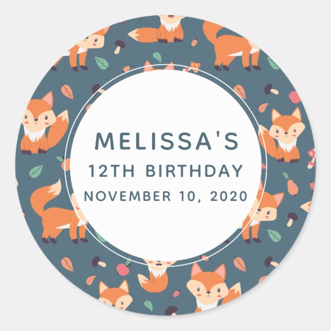 Sticker Rond Motif animal du renard orange mignon Anniversaire (Devant)