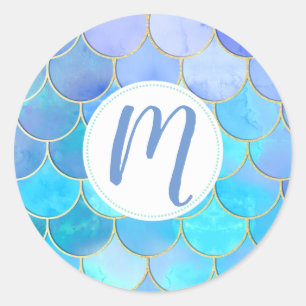 Sticker Rond Motif Aqua Pearlescent & Gold Mermaid