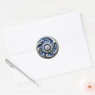 Sticker Rond Motif artistique floral rond en bleu antique faux