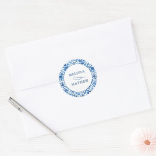 Sticker Rond Motif bleu et blanc moderne mariée et Mariage de c