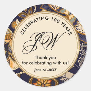 Sticker Rond Motif bleu et or 100e anniversaire Merci