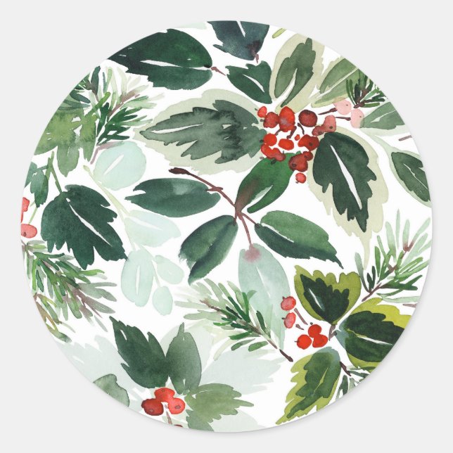 Sticker Rond Motif botanique de Winterberry panaché pour Noël (Devant)