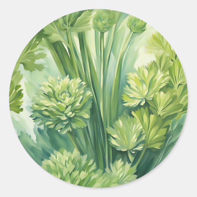Sticker Rond Motif botanique vert de céleri luxuriant (Devant)