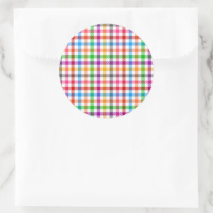 Sticker Rond Motif carreaux gingham arc-en-ciel coloré - Blanc