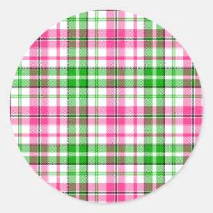 Sticker Rond Motif carreaux tartan rose et vert sur fond blanc