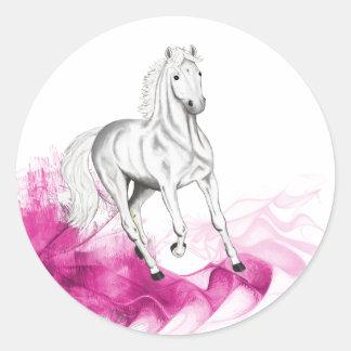 Sticker Rond motif cheval fantaisie, étalon gris & vagues roses