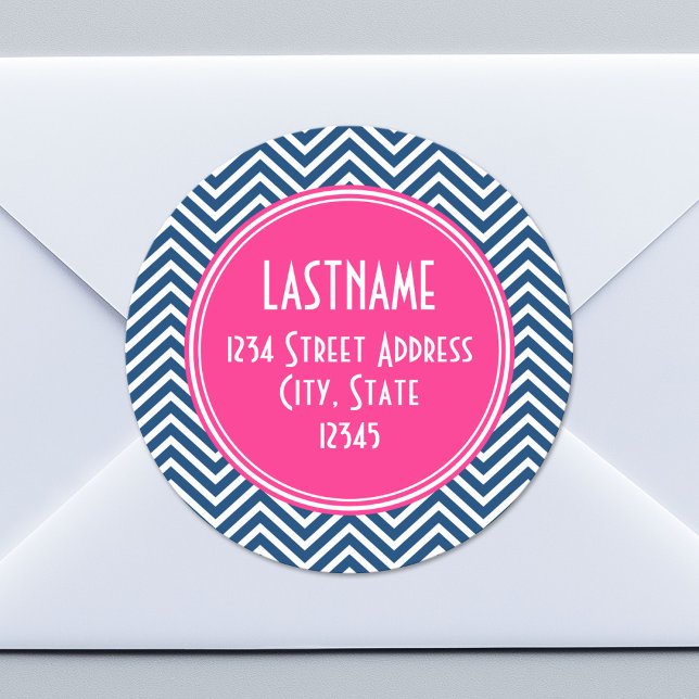 Sticker Rond Motif Chevron avec Monogram - Navy Magenta (Custom Return Address Sticker)