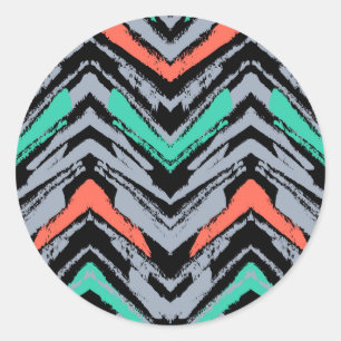 Sticker Rond Motif Chevron Grise, Turquoise Et Corail