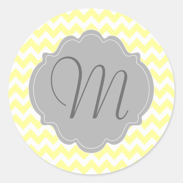 Sticker Rond Motif Chevron jaune clair et gris monogramme (Devant)