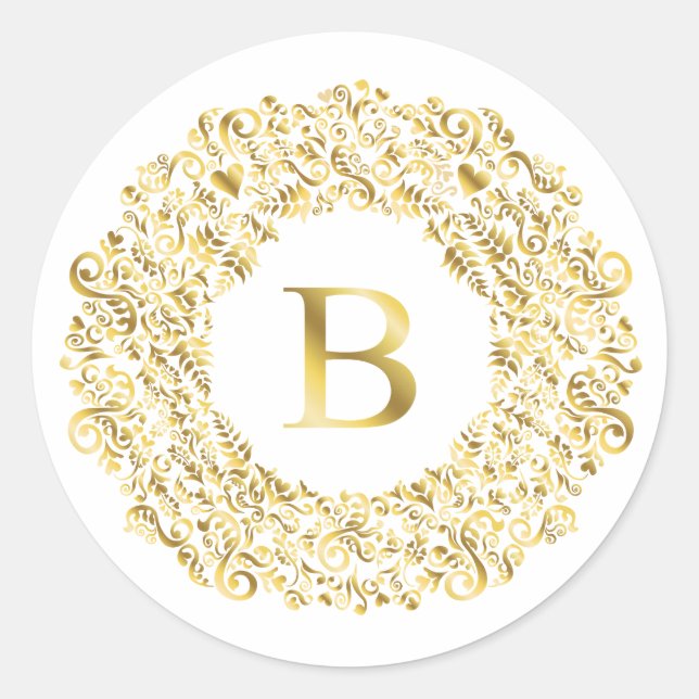 Sticker Rond Motif Classique en Damas doré Initial B  (Devant)