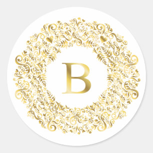Sticker Rond Motif Classique en Damas doré Initial B 