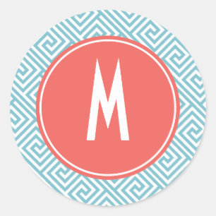 Sticker Rond Motif Clé bleu clair et corail grec