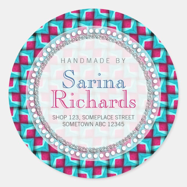 Sticker Rond Motif Cool Turquoise rose chaud fabriqué à la main (Devant)