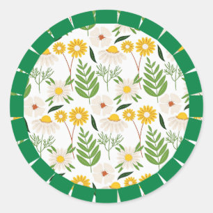 Sticker Rond Motif Daisy Springtime, cadre vert,