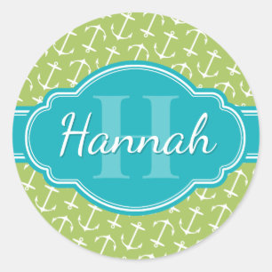 Sticker Rond Motif d'Ancre blanc vert Turquoise Monogramme