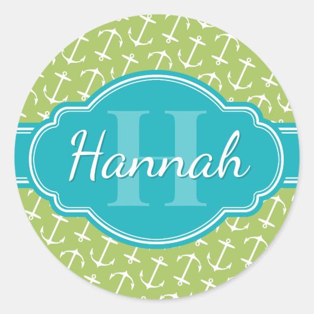 Sticker Rond Motif d'Ancre blanc vert Turquoise Monogramme (Devant)