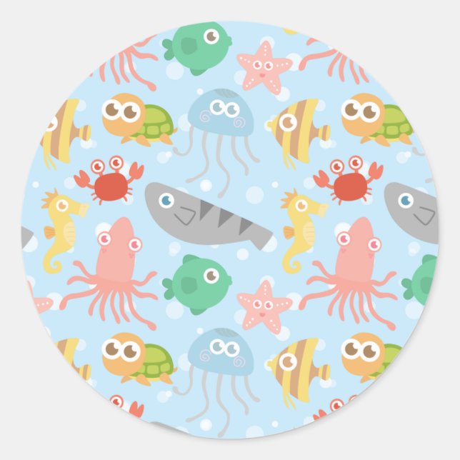 Sticker Rond Motif d'animaux sous-marins mignons et colorés (Devant)