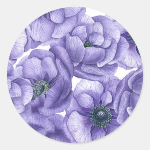 Sticker Rond Motif d'aquarelle de fleurs d'anémone violet
