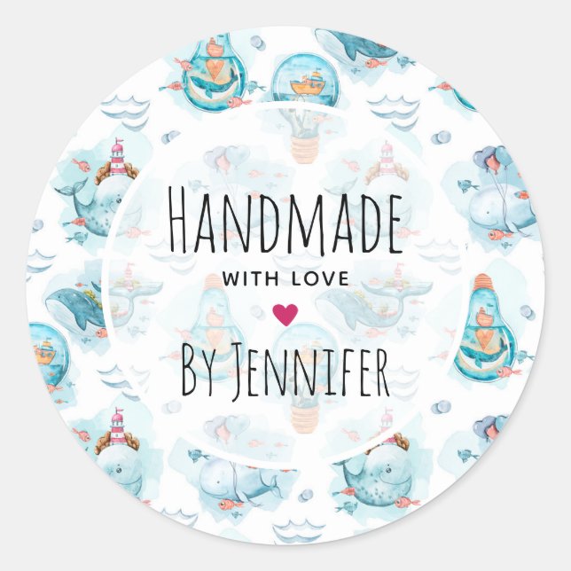Sticker Rond Motif d'aquarelle de la belle baleine nautique (Devant)