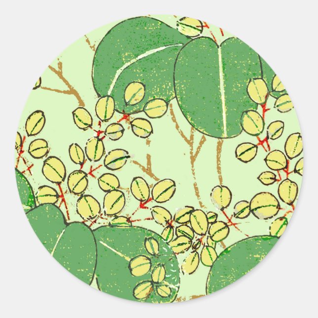 Sticker Rond Motif d'art botanique floral de la feuille japonai (Devant)