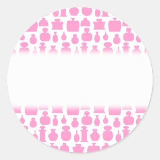 Sticker Rond Motif de bouteille de parfum rose et blanc.