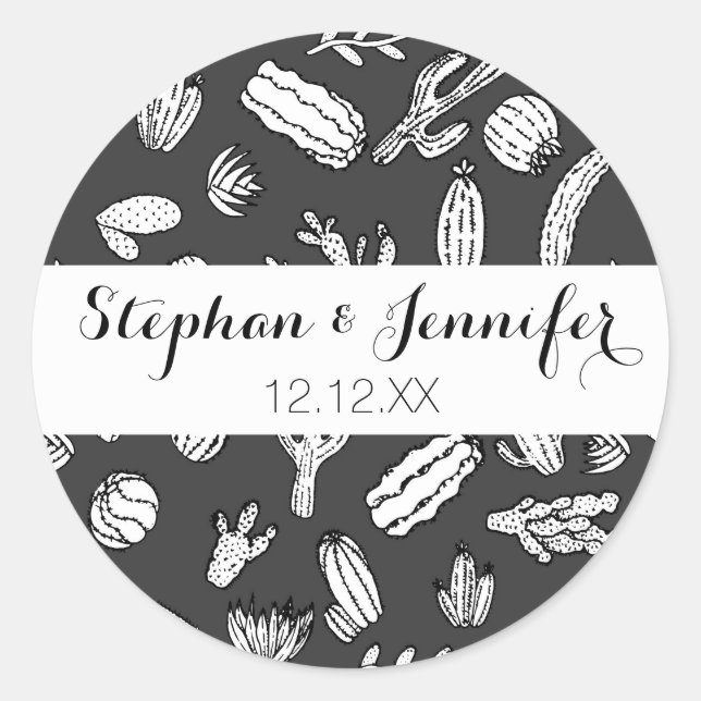 Sticker Rond Motif de cactus succulent blanc et noir moderne (Devant)