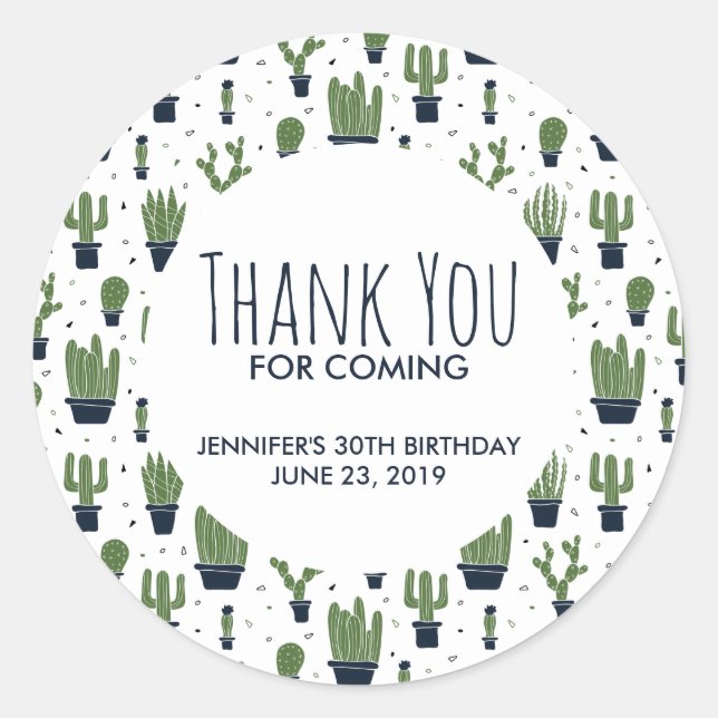 Sticker Rond Motif de cactus vert foncé Anniversaire Merci (Devant)