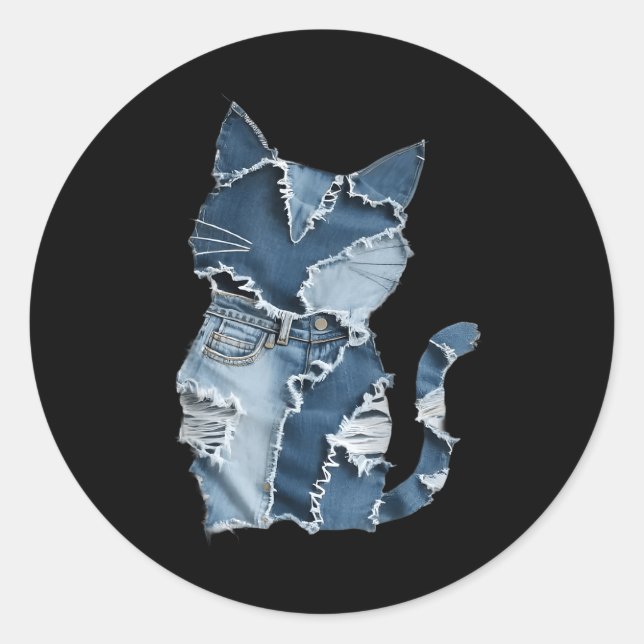 Sticker Rond Motif de chat mignon Patchwork en jean pour amateu (Devant)