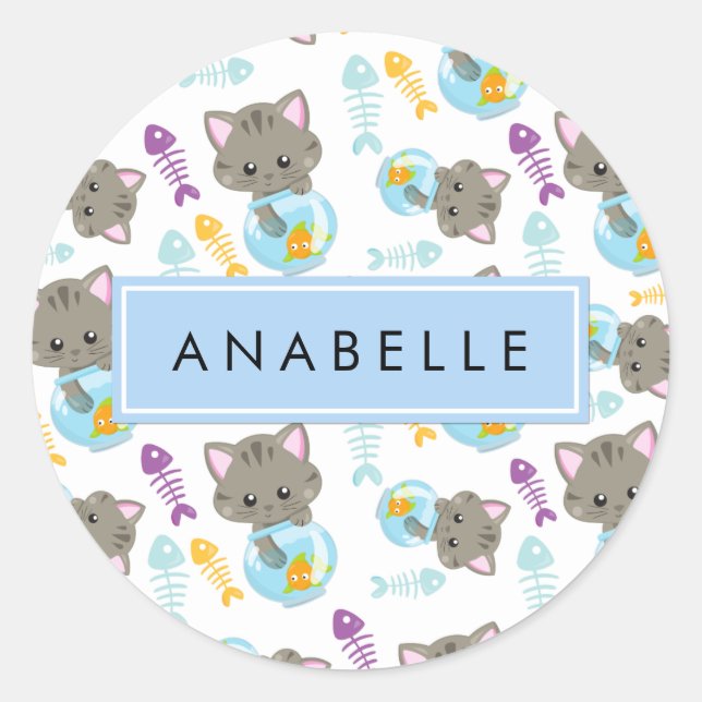 Sticker Rond Motif De Chats, Chats Mignons, Chatons, Votre Nom (Devant)