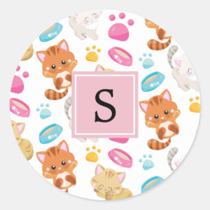 Sticker Rond Motif De Chats, Chats Mignons, Kitty, Monogramme