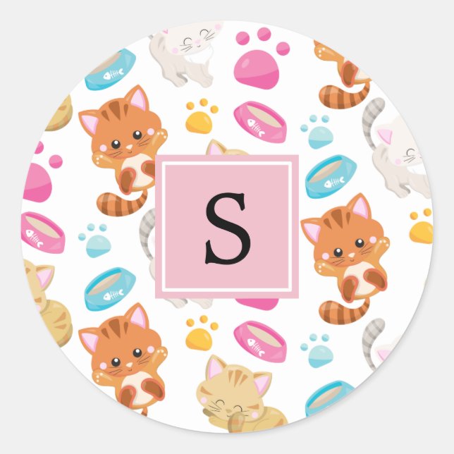 Sticker Rond Motif De Chats, Chats Mignons, Kitty, Monogramme (Devant)