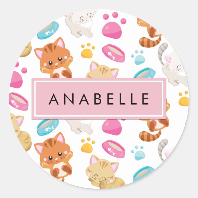 Sticker Rond Motif De Chats, Chats Mignons, Kitty, Votre Nom (Devant)
