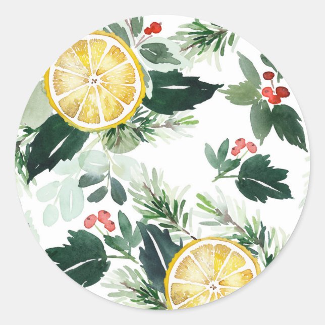Sticker Rond Motif de citron et de houx à l'aquarelle pour Noël (Devant)