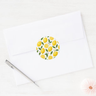 Sticker Rond Motif de citron frais avec feuilles et fleurs