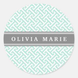 Sticker Rond Motif de clé grecque verte à la menthe avec nom