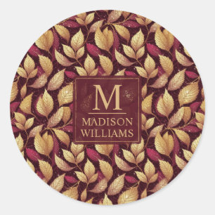 Sticker Rond Motif de feuilles d'automne pailletées rouge borde