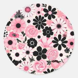 Sticker Rond Motif de fleurs botaniques roses et noires rétro