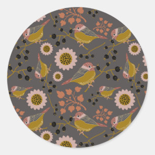 Sticker Rond Motif de fleurs de baies noires roses de poulet