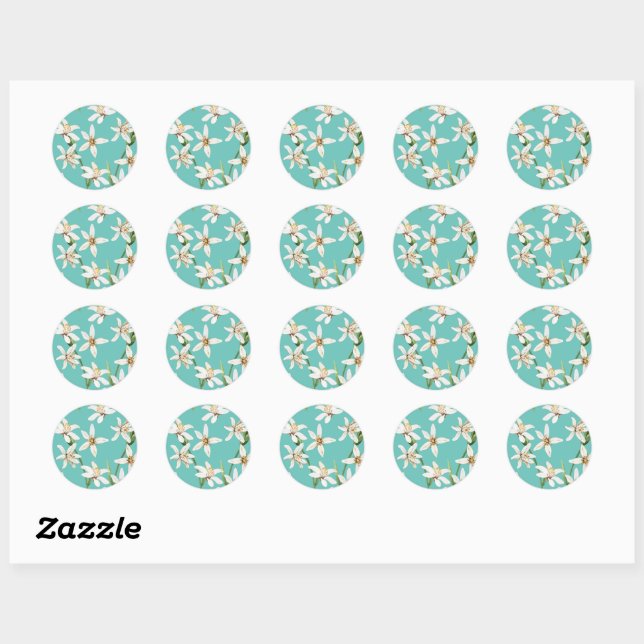 Sticker Rond Motif de fleurs de citron d'été sur turquoise (Feuille)