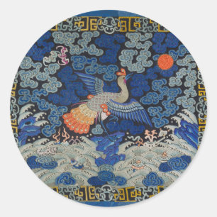 Sticker Rond Motif de grue chinoise vintage : bleu impérial