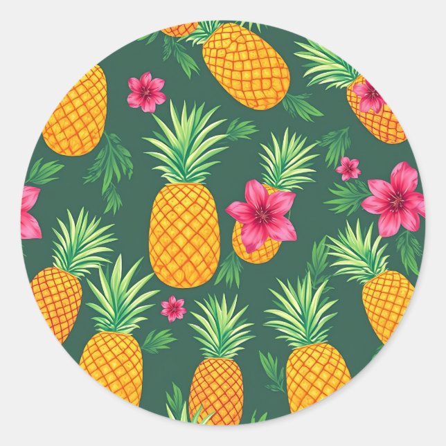 Sticker Rond Motif de Hibiscus à l'Ananas Tropical (Devant)