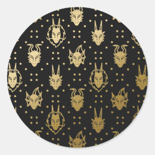 Sticker Rond Motif de Jacquard Dragon Imaginaire noir et or