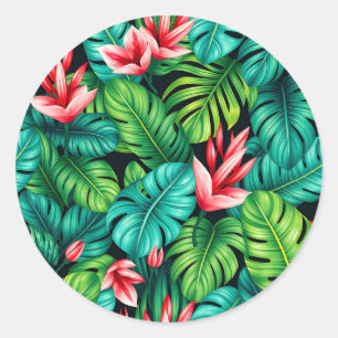 Sticker Rond Motif de jungle tropicale Monstera Heliconia