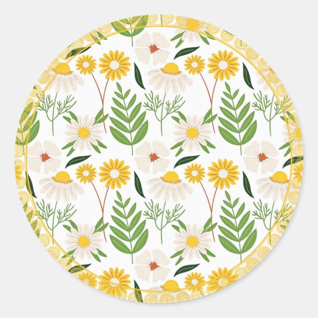 Sticker Rond Motif de marguerite, Trim Jaune Doré, (Devant)