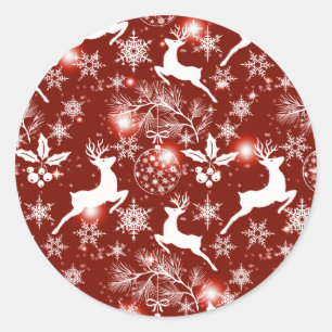 Sticker Rond Motif de Noël rouge et blanc avec rennes